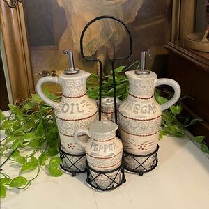 TEMPTATIONS Oil Vinegar Salt Pepper Matching Set in a Black Metal Holder “NEW”